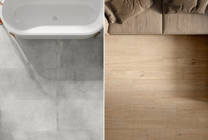 Visuel combinant du grès cérame dans une salle de bains et dans un salon