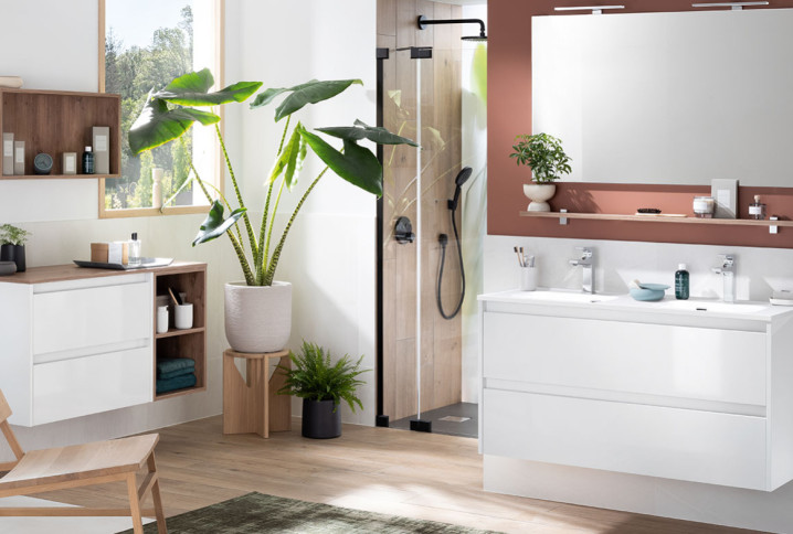Salle de bains avec des meubles et des accessoires