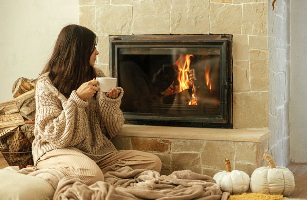 Femme qui regarde le feu de bois dans sa cheminée