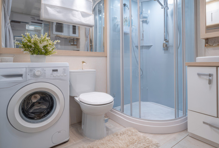 Petite salle de bains toute équipée avec douche, wc et machine à laver