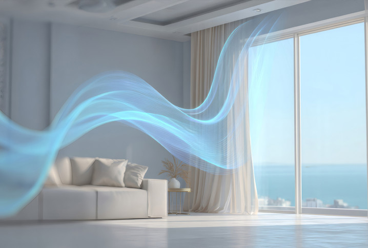 Flux d’air frais provenant d'un climatiseur symbolisé dans un salon.