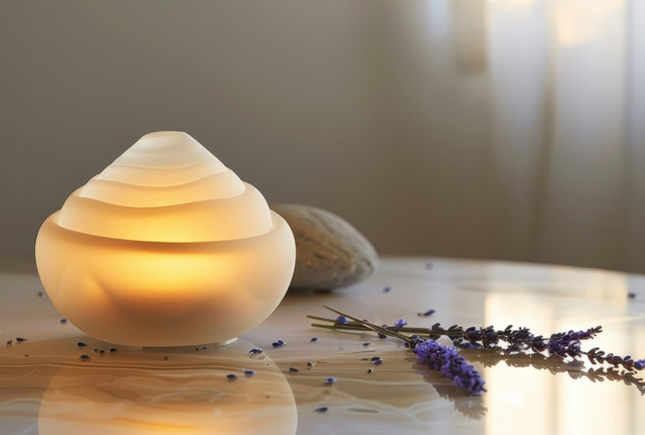 Diffuseur de chaleur douce en fonctionnement posé sur une table