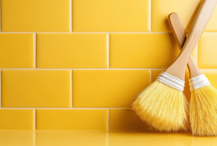 Deux pinceaux en bois posés contre un mur de carrelage jaune