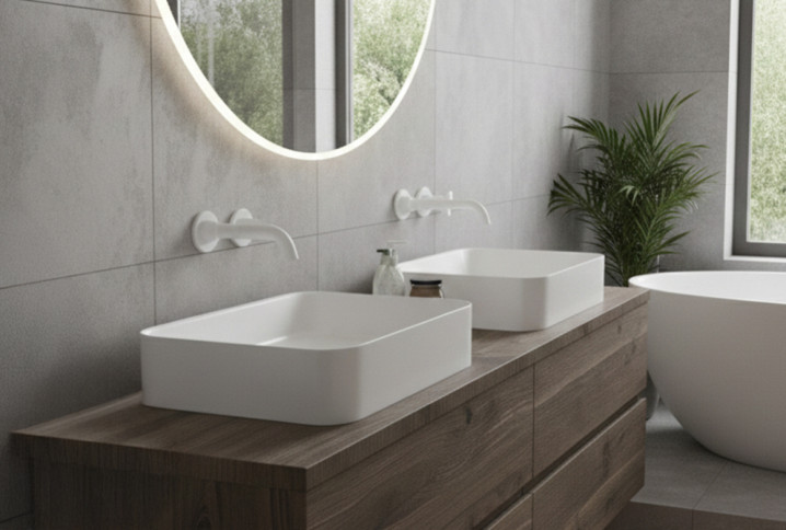 Salle de bains avec meuble en bois double vasque et robinetterie murale blanche mate