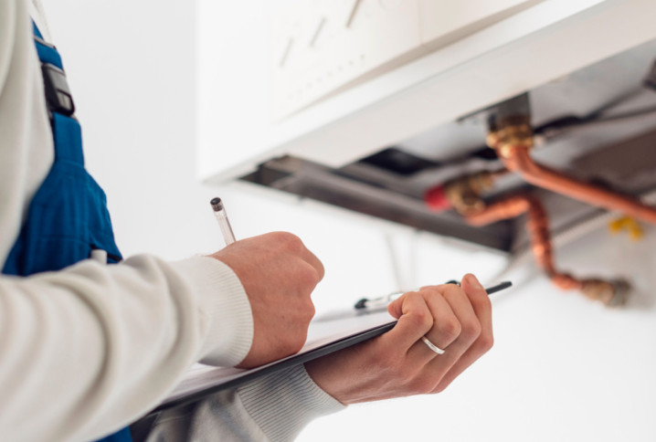 Technicien chauffagiste qui remplit un rapport de diagnostic sur une feuille de papier