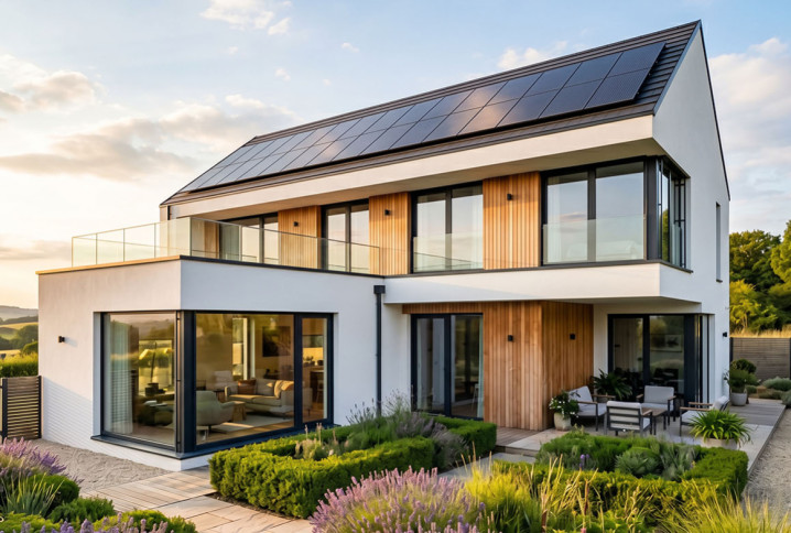Maison contemporaine équipée de panneaux solaires sur toiture et jardin paysager