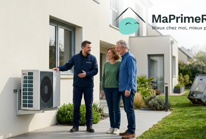 Professionnel présentant une pompe à chaleur extérieure à un couple, avec mise en avant du dispositif MaPrimeRénov’.