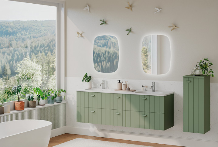 Ensemble de meubles de salle de bains verts dans une salle de bains lumineuse