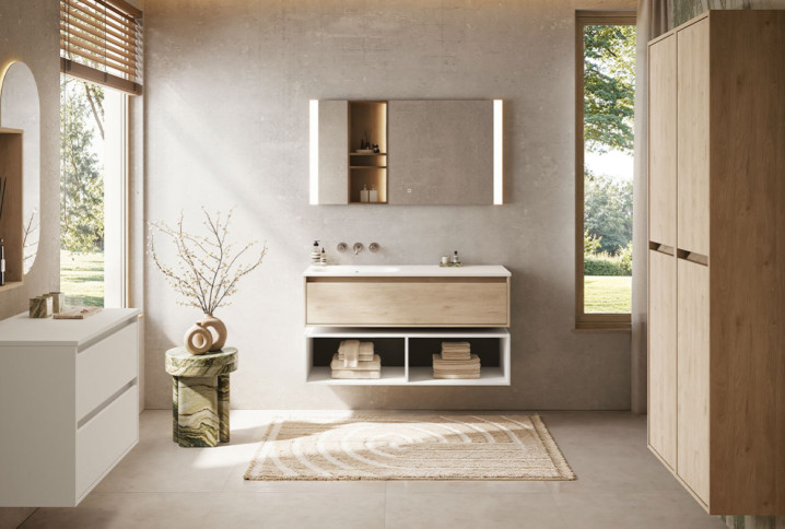 Grande salle de bains avec des meubles au style scandinave