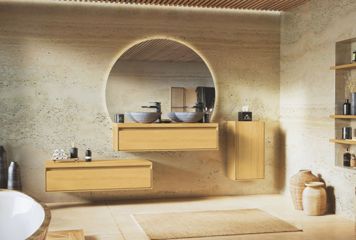 Salle de bains moderne avec des meubles en bois brut