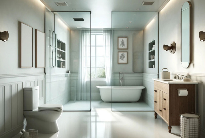 Salle de bain moderne et lumineuse avec quelques meubles vintages
