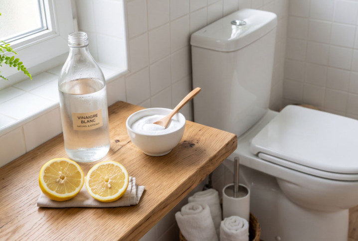 Produits d'entretien écologiques posés sur une tablette pour nettoyer les toilettes