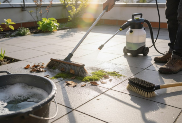 Homme qui nettoie le carrelage de sa terrasse avec une brosse et un nettoyeur haute pression