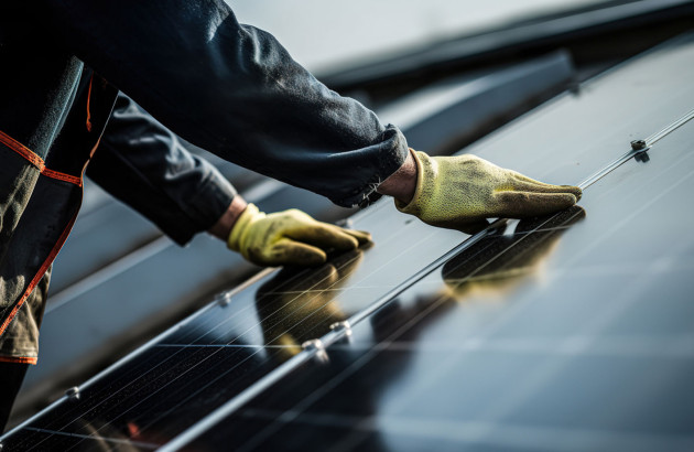 Artisan qui pose un panneau solaire sur un toit