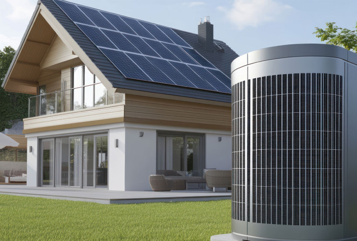 Système de climatisation devant une maison équipée de panneaux solaires