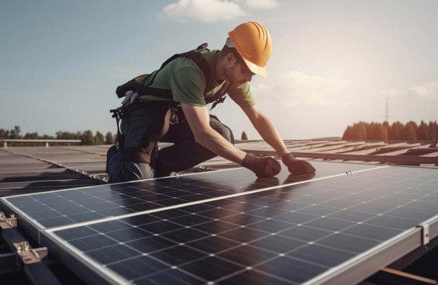 Homme qui installe un panneau solaire