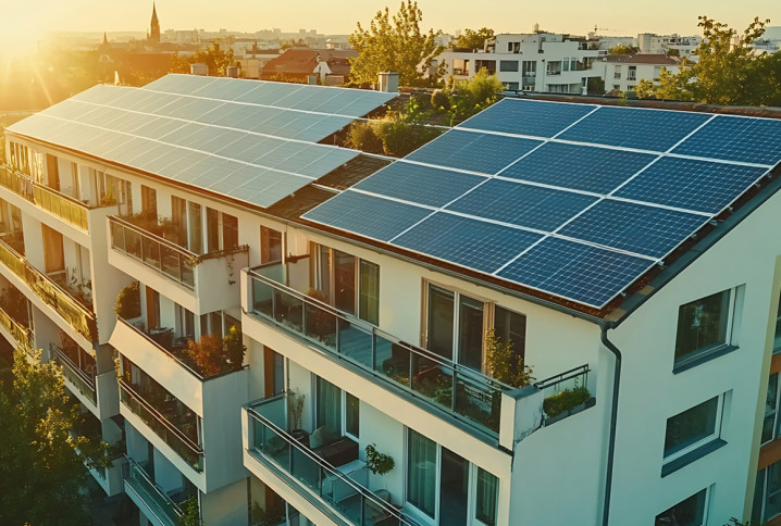 Logements collectifs de type immeuble avec une installation de panneaux solaires