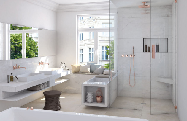 Paroi de douche battante dans salle de bains lumineuse