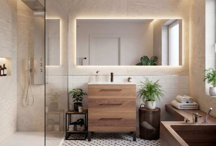 Salle de bains de 5 m² avec douche à l’italienne, baignoire et meuble vasque en bois