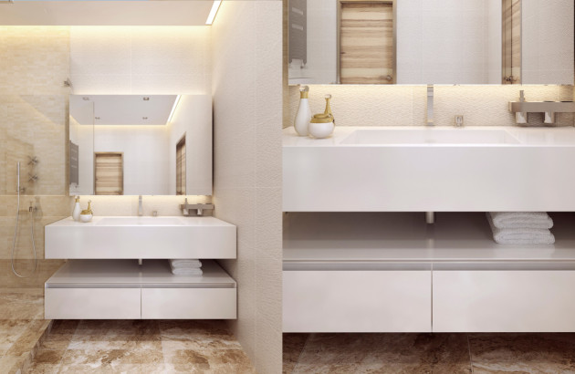 Salle de bains moderne avec lave-linge et sèche-linge placé près
