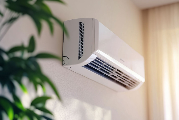 pompe à chaleur air-air installé dans une pièce lumineuse avec une plante verte
