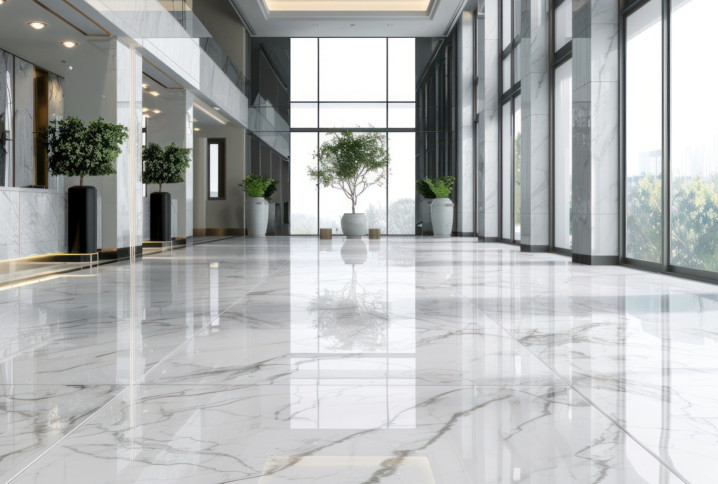 carrelage brillant effet marbre blanc à l'entrée d'un établissement