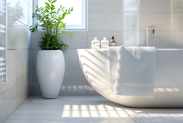 Salle de bains lumineuse avec une baignoire