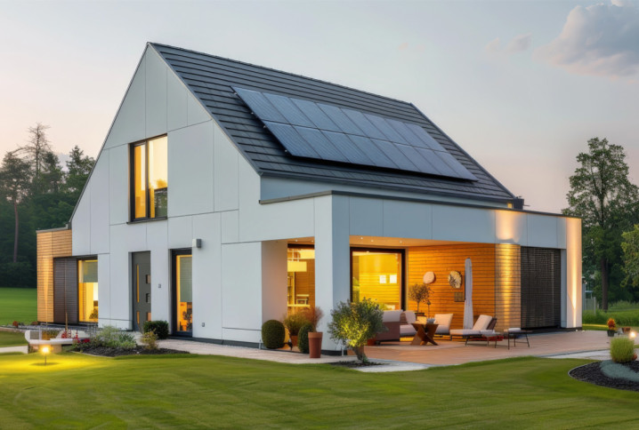 Maison contemporaine équipée de panneaux solaires sur sa toiture, avec une terrasse aménagée et un jardin paysager.