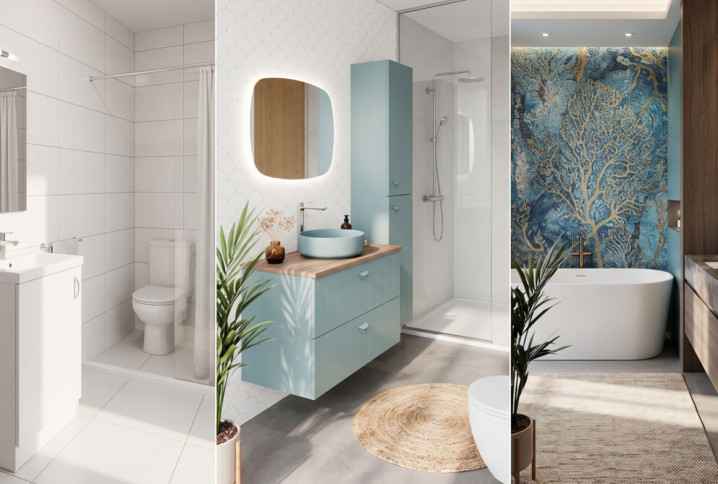 Comparatif de trois styles de salles de bains modernes : minimaliste, naturelle et haut de gamme avec baignoire îlot.