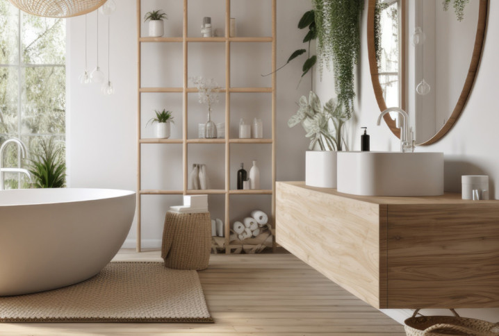 Salle de bains moderne avec meuble vasque contre le mur