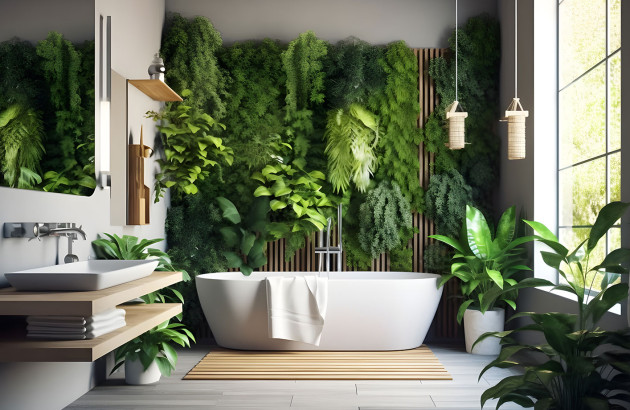 Salle de bains décorée de variétés de plantes
