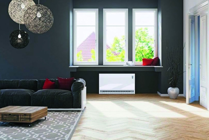 Grand salon avec des murs noirs et un radiateur à accumulation positionné sous une triple fenêtre
