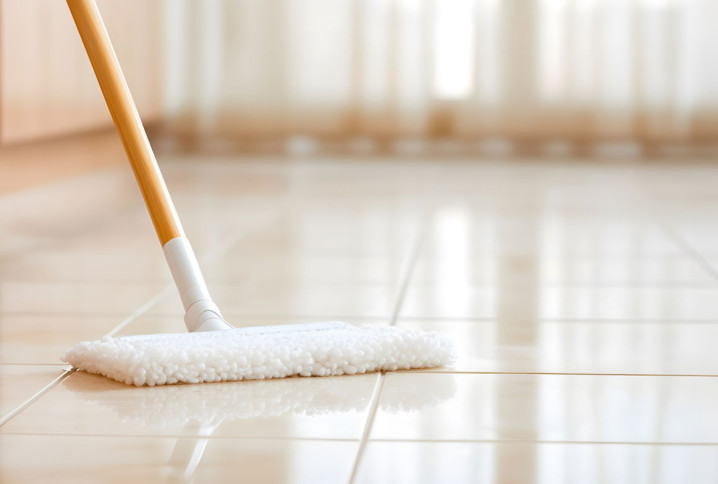 Balai à récurer posé sur du carrelage blanc qui brille