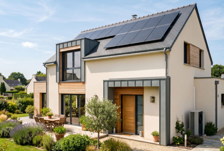  Maison individuelle équipée de panneaux solaires en toiture, illustrant une rénovation énergétique globale.
