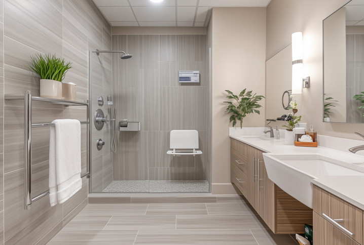 Grande salle de bains moderne aménagée pour les PMR