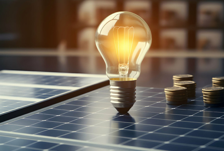 Ampoule qui s'allume sur un panneau solaire
