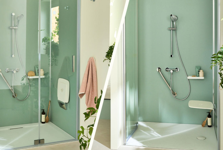 deux vues d'une douche sécurisée et accessible avec des parois vert équipées de barres d'appui et d'un pommeau et d'un siège de douche