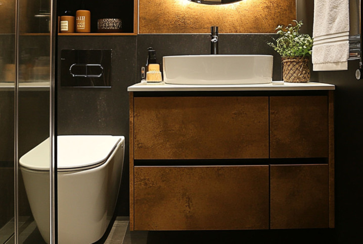 salle de bain moderne avec un mur sombre et toilettes et douche visible
