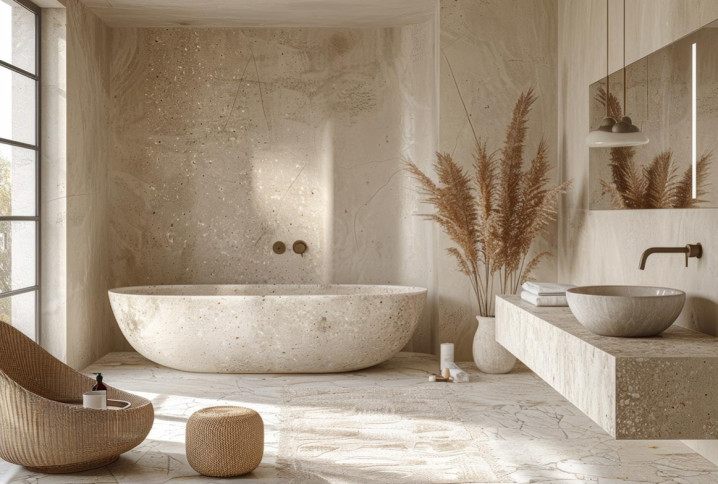 salle de bain de style Wabi-Sabi avec des murs texturés beige avec une baignoire autoportante et une vasque en pierre brute
