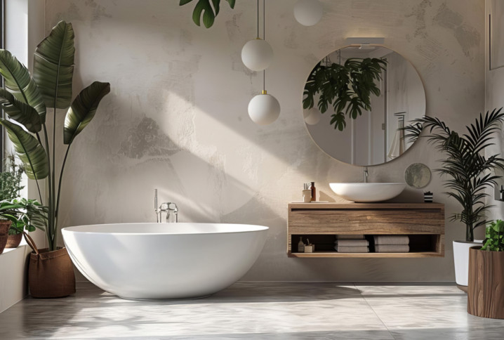 Salle de bains Japandi lumineuse avec baignoire îlot blanche, meuble vasque suspendu en bois, miroir rond et plantes vertes.