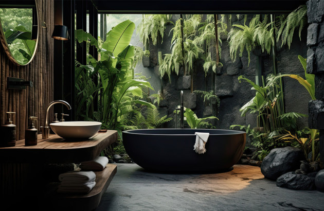 Salle de bains moderne avec une ambiance de jungle, plantes vertes.