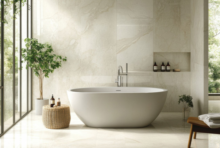 salle de bains lumineuse avec baignoire îlot blanc accompagné de plantes vertes et grande baie vitrée