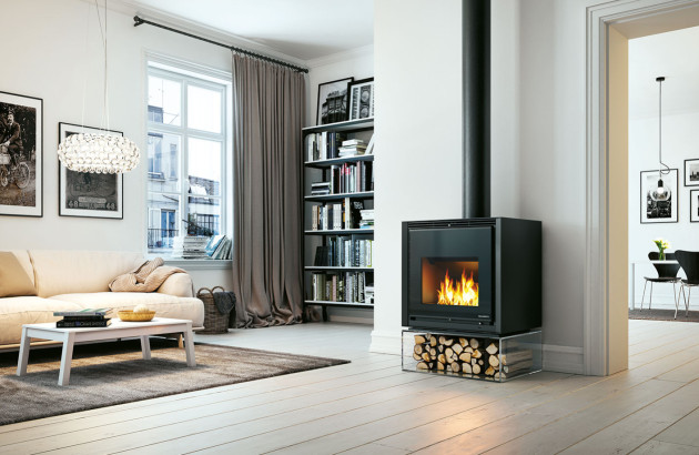 Salon avec poêle à bois noir