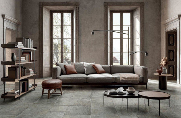 Salon moderne sobre avec un carrelage tendance en 2024
