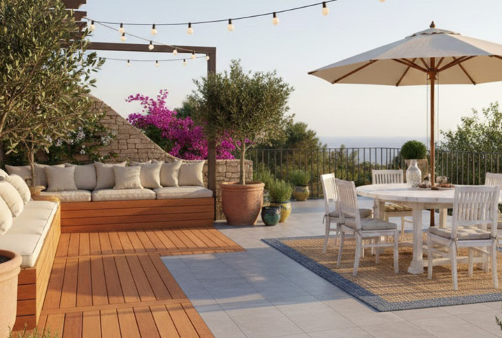 Terrasse mixte bois et carrelage