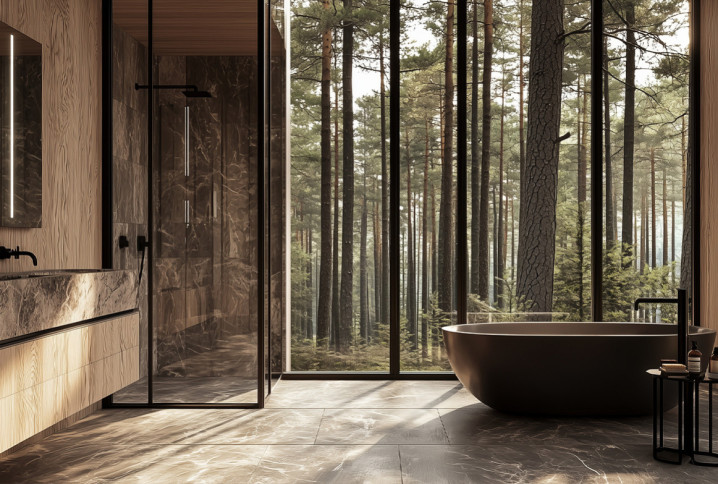 Salle de bains haut de gamme ouverte sur la foret avec une douche italienne