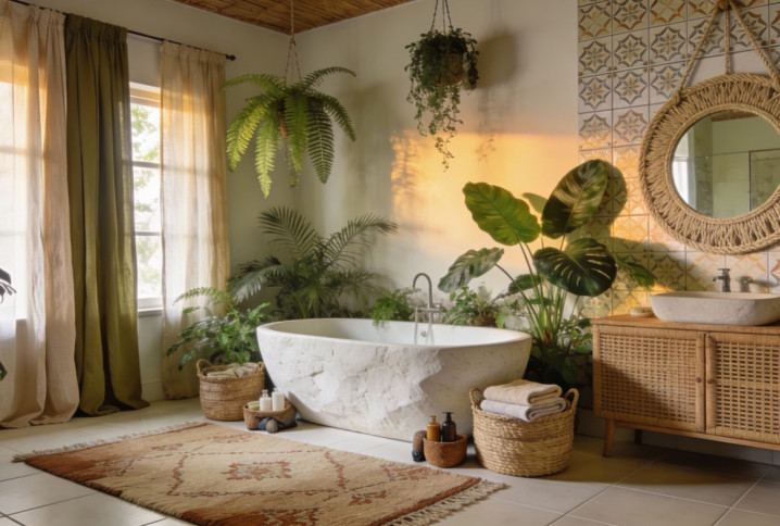 Salle de bains ambiance bohème chic avec une baignoire ilot