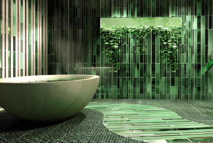Salle de bains recouverte de carrelage zellige vert