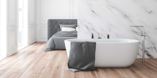 salle de bains finition marbre ouverte sur chambre moderne