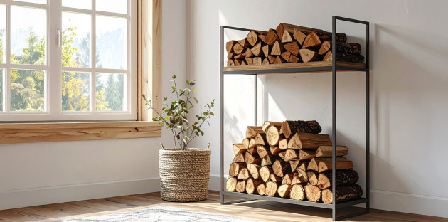 Bois de chauffage stocké sur une étagère dans une maison